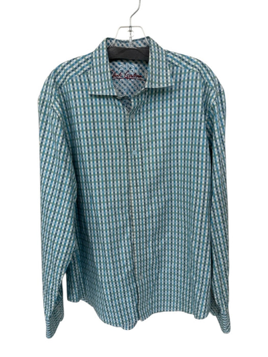 Robert Graham Size L White, Blue & Green Print Cotton Checkered Button Up Shirt White, Blue & Green Print / L