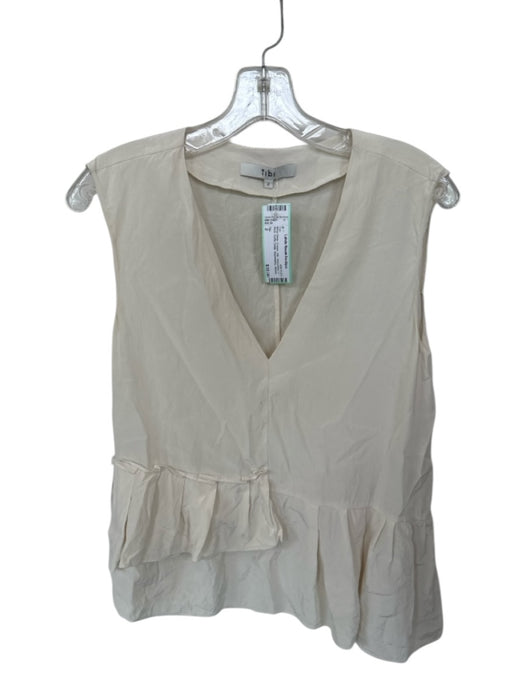 Tibi Size 2 Cream Silk Sleeveless V Neck Ruffle Detail Asymmetric Top Cream / 2