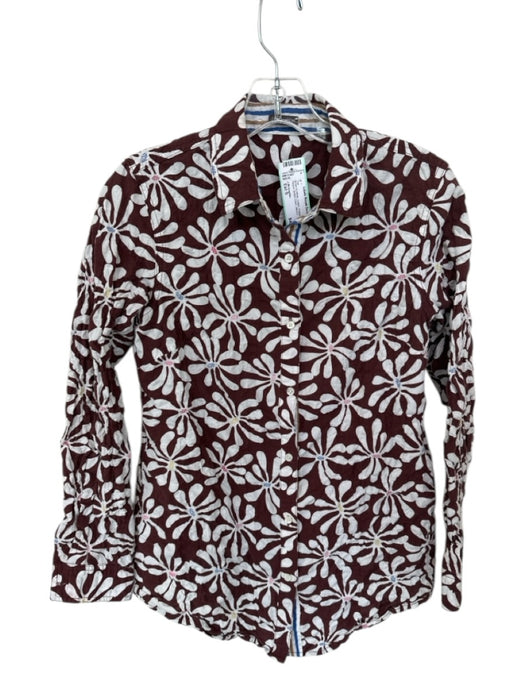 J Mclaughlin Size Est S Brown & White Cotton Flowers Long Sleeve Button Down Top Brown & White / Est S