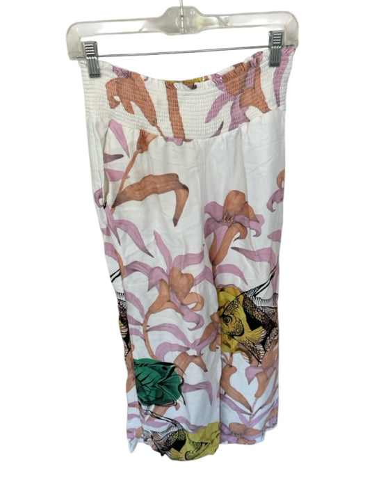 Maeve Size S White & Pink Viscose Elastic Waist Fish Botanical Flowy Leg Pants White & Pink / S