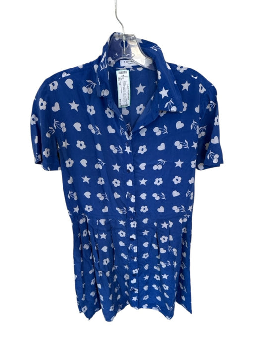 Equipment Femme Size XS Royal Blue & White Silk Short Sleeve Graphic Dress Royal Blue & White / XS