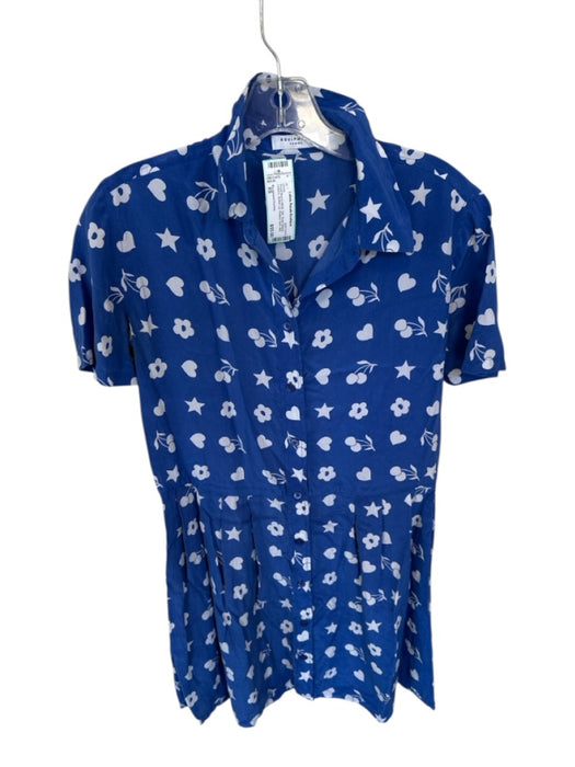 Equipment Femme Size XS Royal Blue & White Silk Short Sleeve Graphic Dress Royal Blue & White / XS