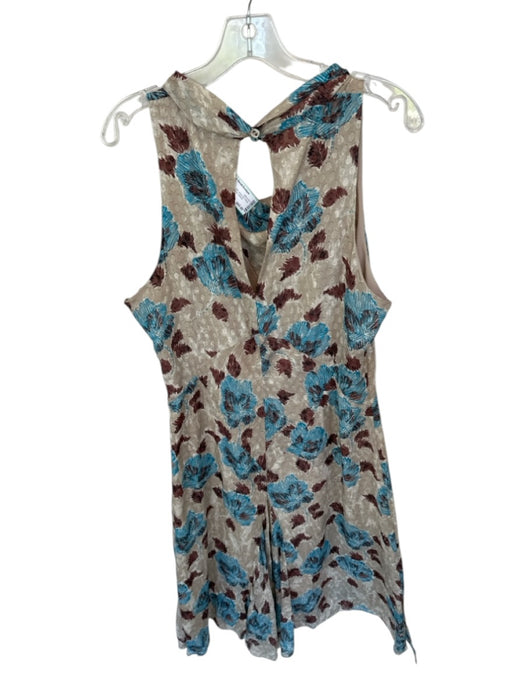 Joie Size 12 Tan, Brown & Blue Silk swiss dot Floral high neck Maxi Dress Tan, Brown & Blue / 12