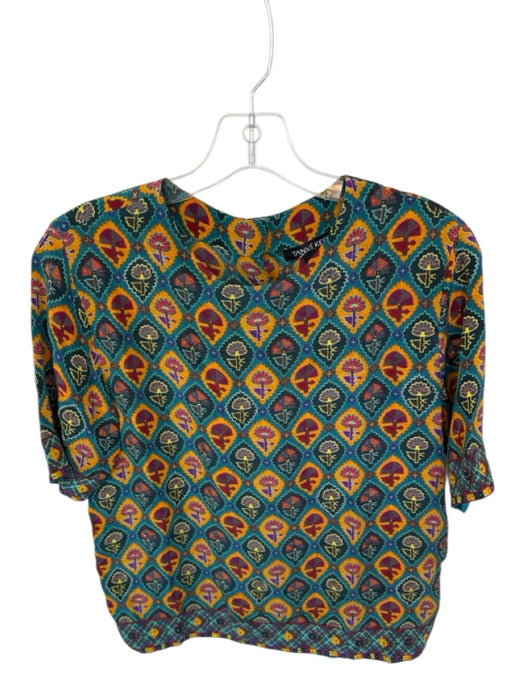 Tanvi Kedia Size XS Turquoise & Yellow Silk Beads Flowers Short Sleeve Top Turquoise & Yellow / XS