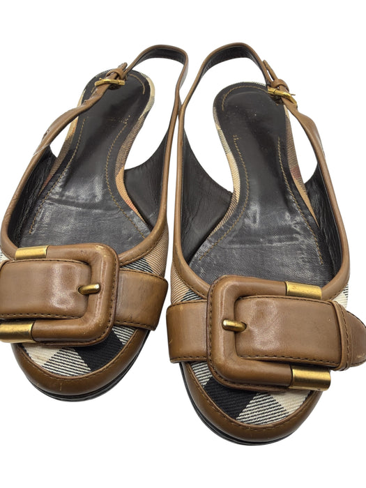 Burberry Shoe Size 35.5 Brown & Tan Leather & Canvas Buckle Round Toe Flats Brown & Tan / 35.5