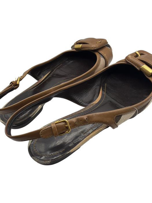 Burberry Shoe Size 35.5 Brown & Tan Leather & Canvas Buckle Round Toe Flats Brown & Tan / 35.5