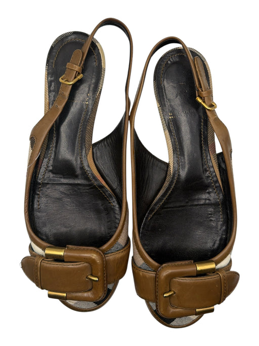 Burberry Shoe Size 35.5 Brown & Tan Leather & Canvas Buckle Round Toe Flats Brown & Tan / 35.5