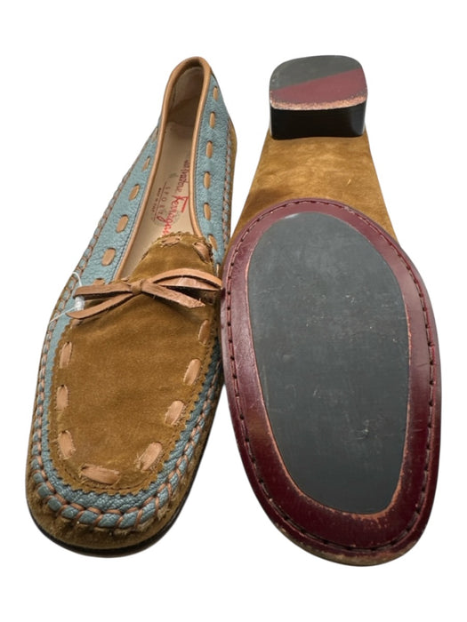 Salvatore Ferragamo Shoe Size 10.5 Brown & Blue Suede Leather Accent Bow Loafers Brown & Blue / 10.5