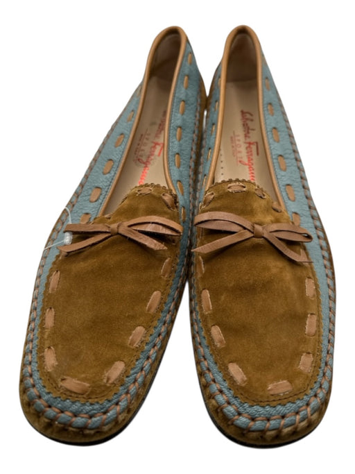 Salvatore Ferragamo Shoe Size 10.5 Brown & Blue Suede Leather Accent Bow Loafers Brown & Blue / 10.5