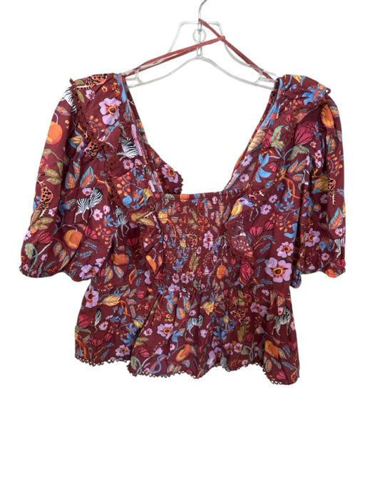 Maeve Size L Maroon & Multi Cotton 3/4 Balloon Sleeve Zebra Flowers Top Maroon & Multi / L