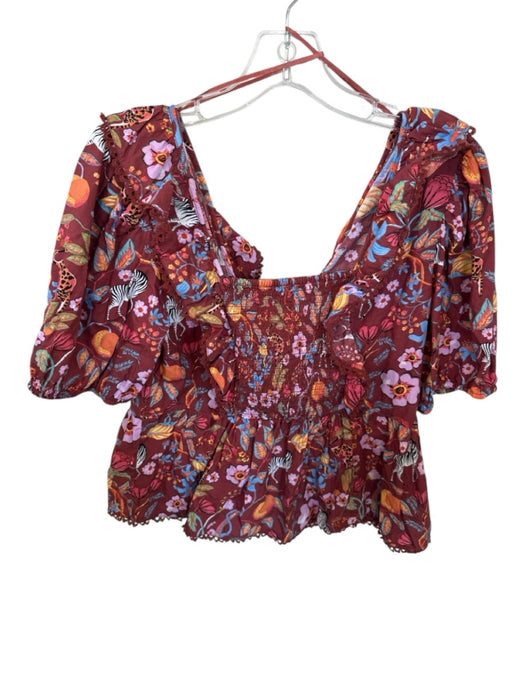 Maeve Size L Maroon & Multi Cotton 3/4 Balloon Sleeve Zebra Flowers Top Maroon & Multi / L