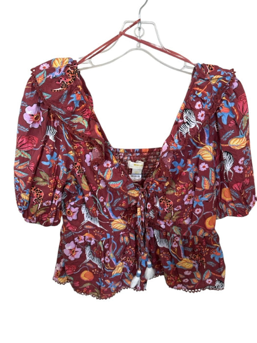 Maeve Size L Maroon & Multi Cotton 3/4 Balloon Sleeve Zebra Flowers Top Maroon & Multi / L