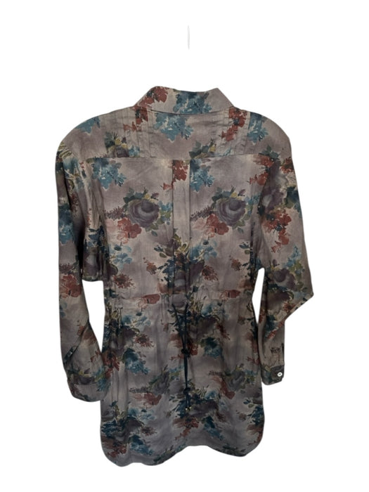 Billy Reid Size S Gray & Teal Cotton Long Sleeve Floral Pleat Detail Dress Gray & Teal / S
