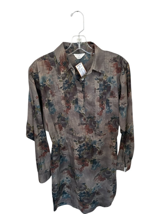 Billy Reid Size S Gray & Teal Cotton Long Sleeve Floral Pleat Detail Dress Gray & Teal / S