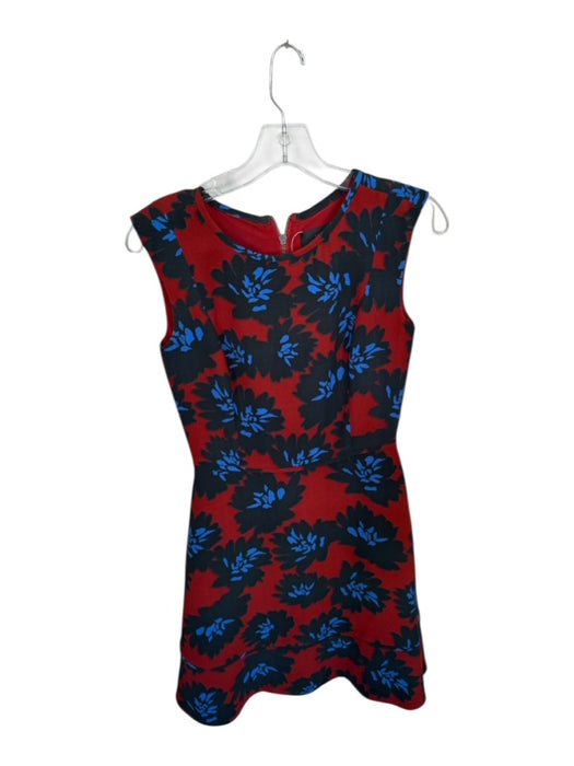 J. Crew Size 0 Red & Blue Cap Sleeve Flowers Back Zip Midi Dress Red & Blue / 0