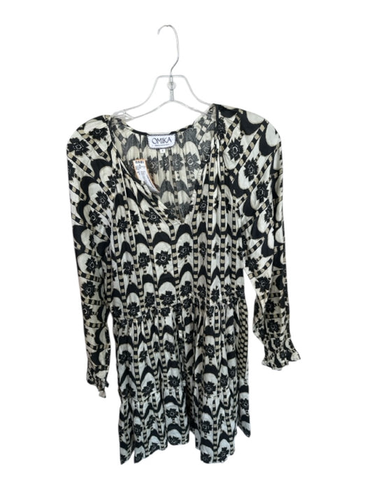 Omika Size S Cream & Black Modal Long Sleeve Flowers Drawstring Waist Dress Cream & Black / S