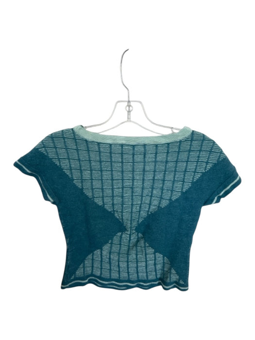 St. John Size P Sage Green & Teal Viscose Blend Short Sleeve Grid Cropped Top Sage Green & Teal / P
