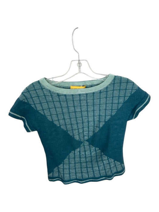 St. John Size P Sage Green & Teal Viscose Blend Short Sleeve Grid Cropped Top Sage Green & Teal / P