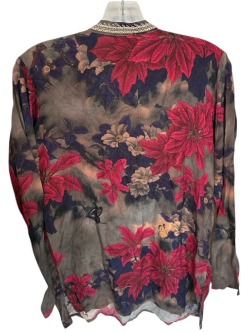 Johnny Was Size XS Maroon & Taupe Print Silk Long Sleeve Botanical Top Maroon & Taupe Print / XS
