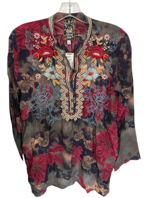 Johnny Was Size XS Maroon & Taupe Print Silk Long Sleeve Botanical Top Maroon & Taupe Print / XS