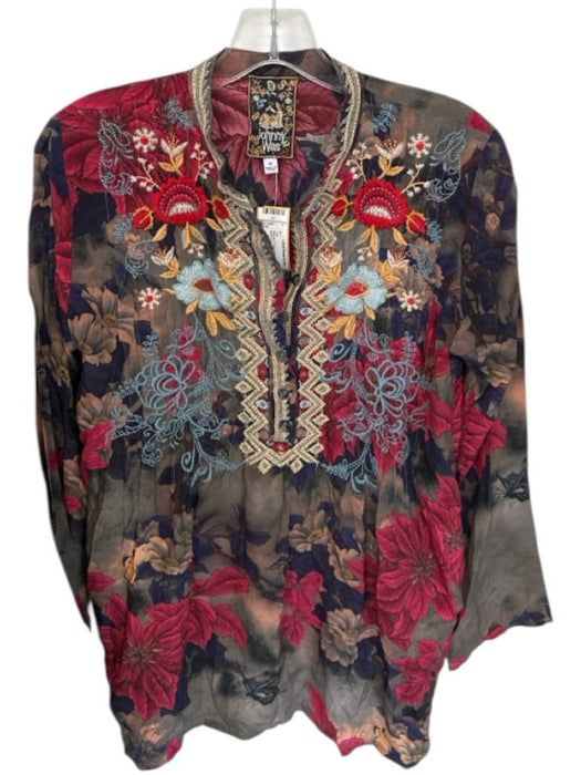 Johnny Was Size XS Maroon & Taupe Print Silk Long Sleeve Botanical Top Maroon & Taupe Print / XS