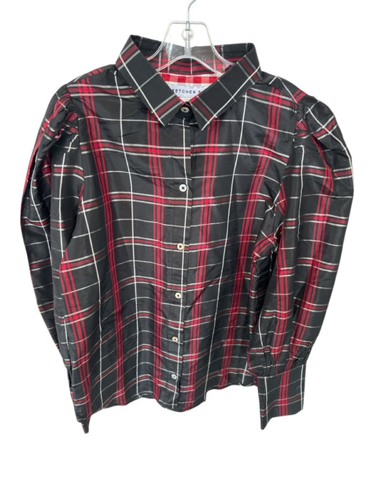 Gretchen Scott Size L Black & Red Silk Long Sleeve Plaid Button Down Top Black & Red / L