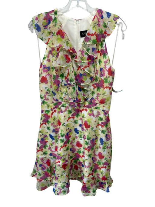 Saloni Size 6 Yellow, Red & Multi Silk Sleeveless Floral Ruffle Neckline Dress Yellow, Red & Multi / 6