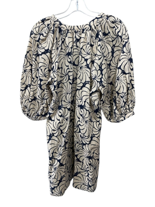 Staud Size S Beige & Navy Linen 1/2 Balloon Sleeve Floral Button Up Dress Beige & Navy / S