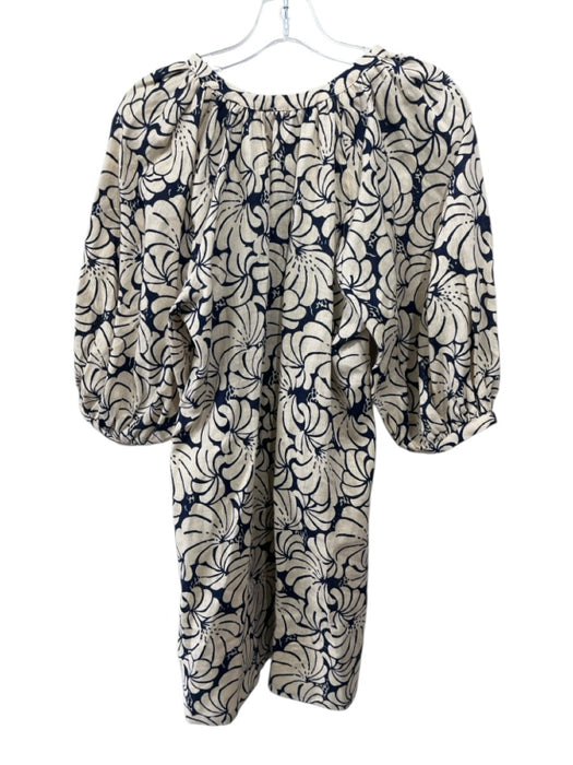 Staud Size S Beige & Navy Linen 1/2 Balloon Sleeve Floral Button Up Dress Beige & Navy / S