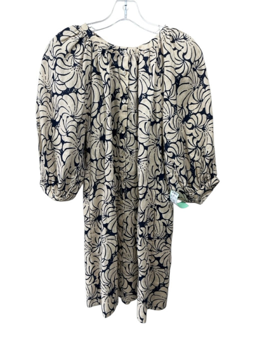 Staud Size S Beige & Navy Linen 1/2 Balloon Sleeve Floral Button Up Dress Beige & Navy / S