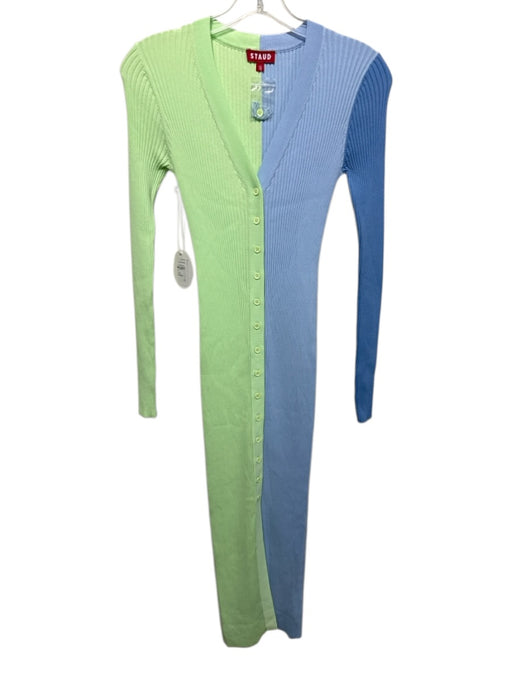 Staud Size S Green & Blue Viscose Blend Ribbed Button Up Long Sleeve Dress Green & Blue / S
