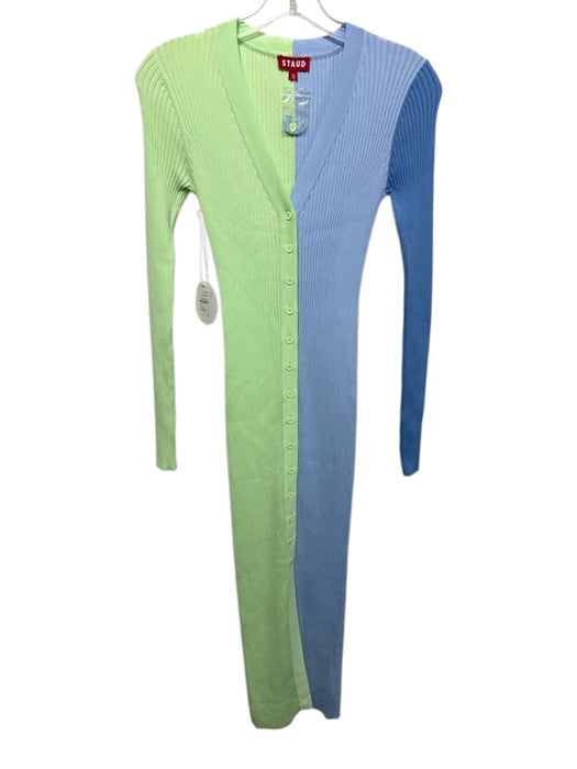 Staud Size S Green & Blue Viscose Blend Ribbed Button Up Long Sleeve Dress Green & Blue / S