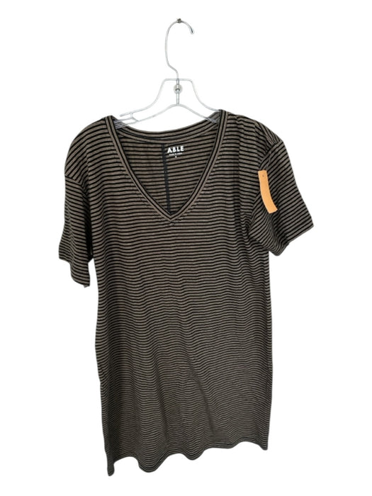 ABLE Size M Tan & black Cotton Short Sleeve Striped V Neck Dress Tan & black / M