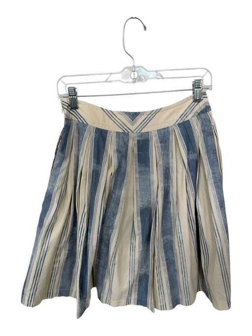Maeve Size 4 Cream & Blue Cotton Side Zip Striped Pleat Skirt Cream & Blue / 4