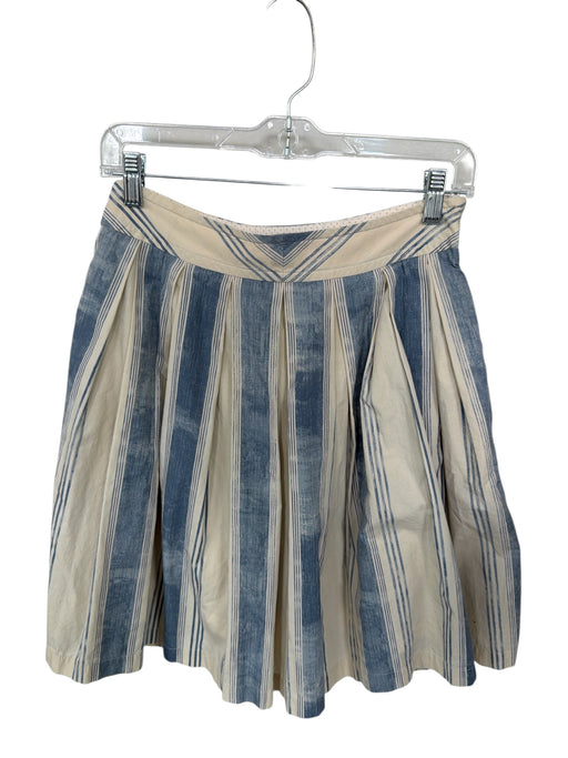 Maeve Size 4 Cream & Blue Cotton Side Zip Striped Pleat Skirt Cream & Blue / 4