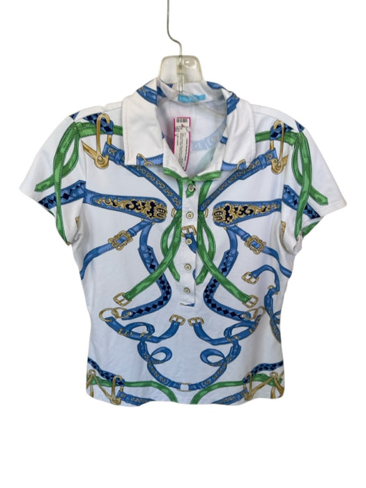 J. McLaughlin Size S Blue & Green Nylon Blend Short Sleeve Buckles Collar Top Blue & Green / S