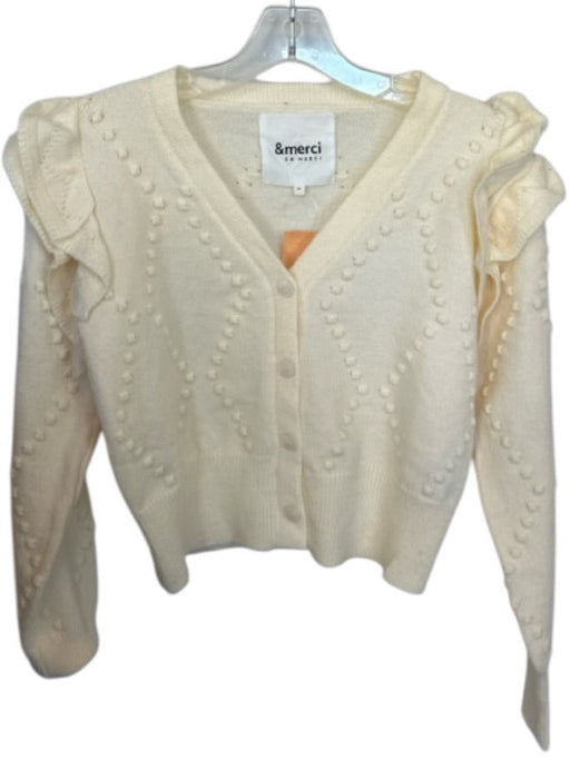 &merci Size M Cream Acrylic Knit V Neck Button Up Ruffle Long Sleeve Sweater Cream / M
