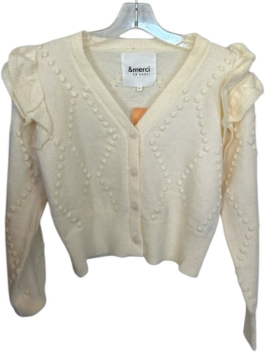 &merci Size M Cream Acrylic Knit V Neck Button Up Ruffle Long Sleeve Sweater Cream / M