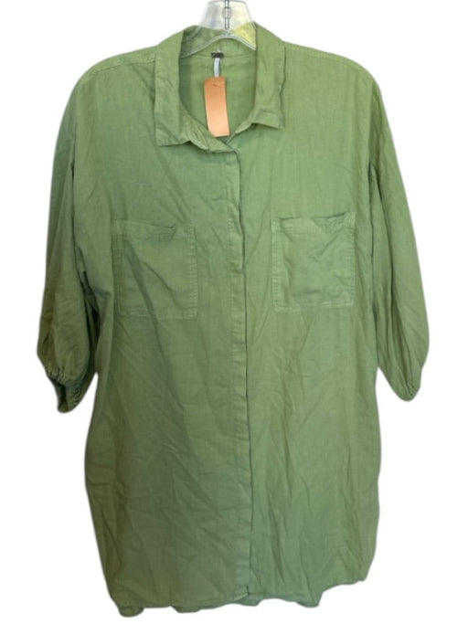 YFB Size S Sage green Linen & Rayon Collar Button Up Pockets Half Sleeve Dress Sage green / S