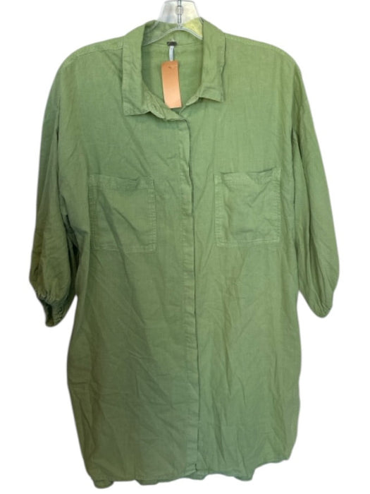 YFB Size S Sage green Linen & Rayon Collar Button Up Pockets Half Sleeve Dress Sage green / S