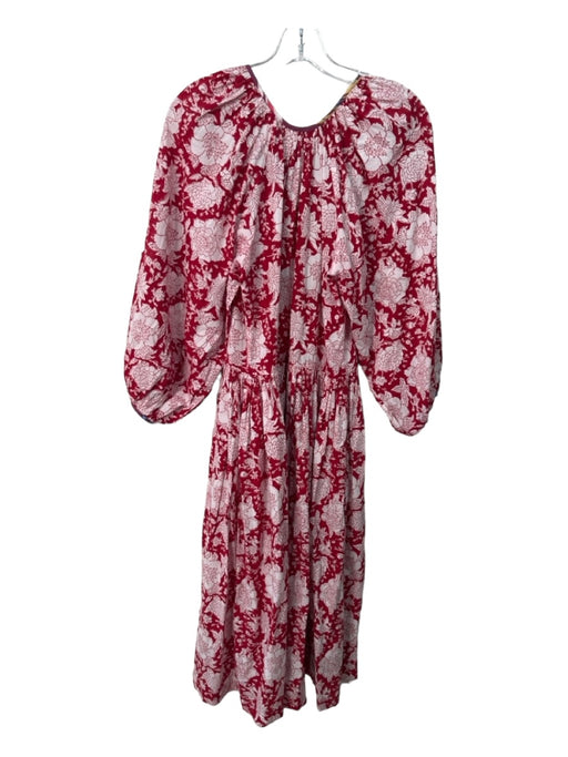 Alix of Bohemia Size S Red & White Cotton Floral V Neck Long Puff Sleeve Dress Red & White / S