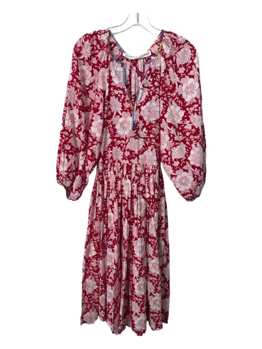 Alix of Bohemia Size S Red & White Cotton Floral V Neck Long Puff Sleeve Dress Red & White / S