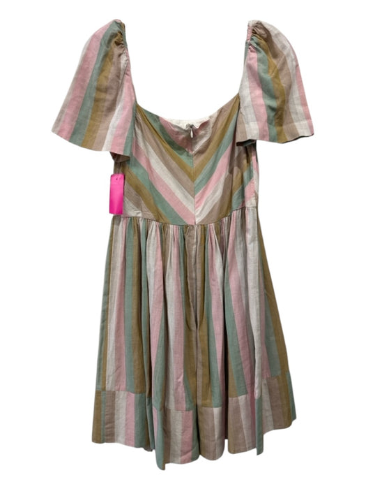 Mirth Size Small Pink, Brown, Green Cotton Square Neck Striped Gathered Dress Pink, Brown, Green / Small