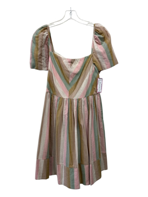 Mirth Size Small Pink, Brown, Green Cotton Square Neck Striped Gathered Dress Pink, Brown, Green / Small