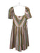 Mirth Size Small Pink, Brown, Green Cotton Square Neck Striped Gathered Dress Pink, Brown, Green / Small