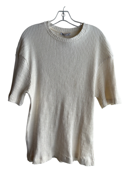 Zara Size L Cream Cotton & Elastic Round Neck Short Sleeve Ribbed Top Cream / L