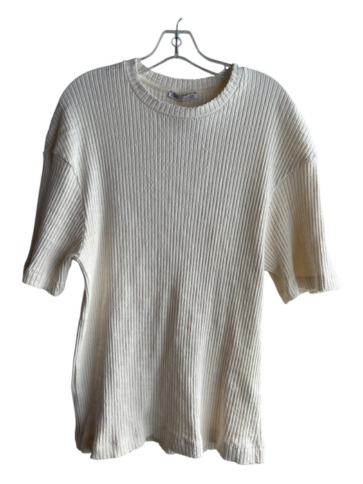 Zara Size L Cream Cotton & Elastic Round Neck Short Sleeve Ribbed Top Cream / L