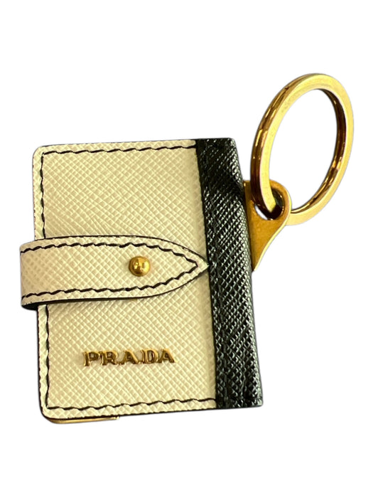 Prada White & Black Saffiano Leather Gold hardware Keychain White & Black