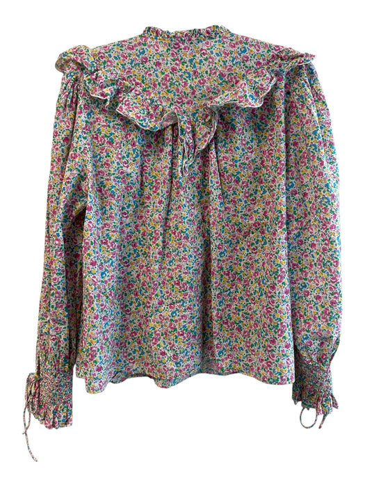 Rixo Size M Pink Green & Blue Cotton Long Sleeve V Neck Ruffle Detail Top Pink Green & Blue / M