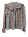 Rixo Size M Pink Green & Blue Cotton Long Sleeve V Neck Ruffle Detail Top Pink Green & Blue / M